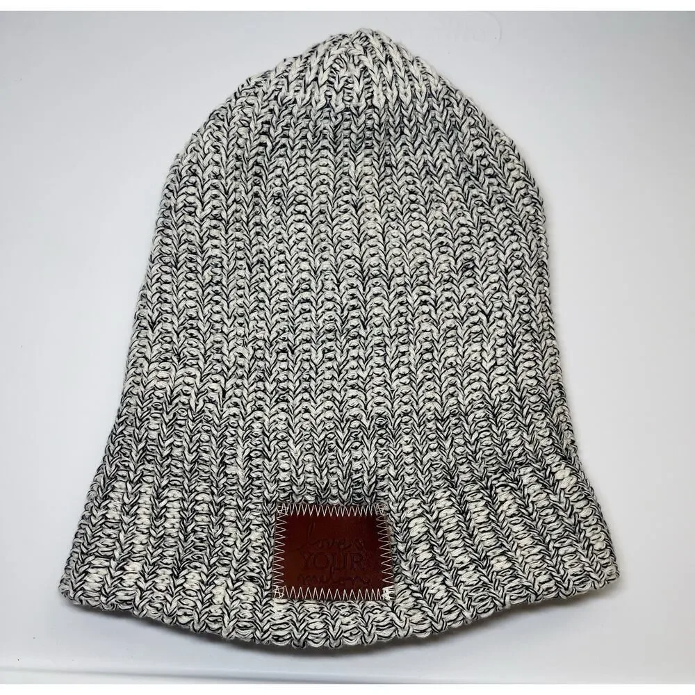 Love Your Melon Winter Beanie Chunky Knit Hat Unisex Oversize White Navy Speckle